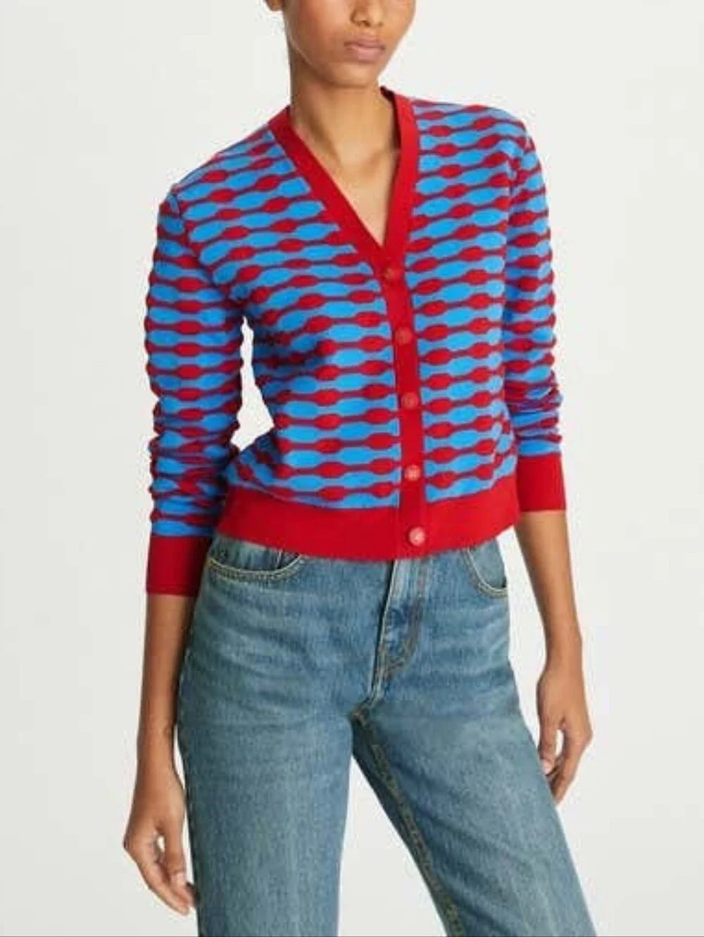 LIKE NEW Tory Burch Red & Blue Bubble Stripe Long Sleeve Cardigan Size XS